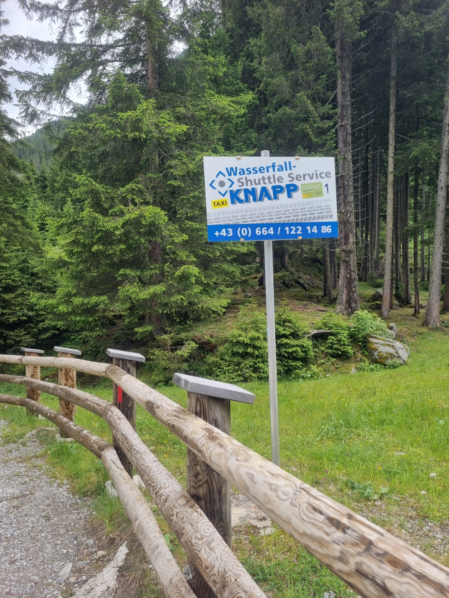 Cedrový les a zelená louka, dřevěné zábradlí a informační cedule Wasserfall Shuttle Service KNAPP.