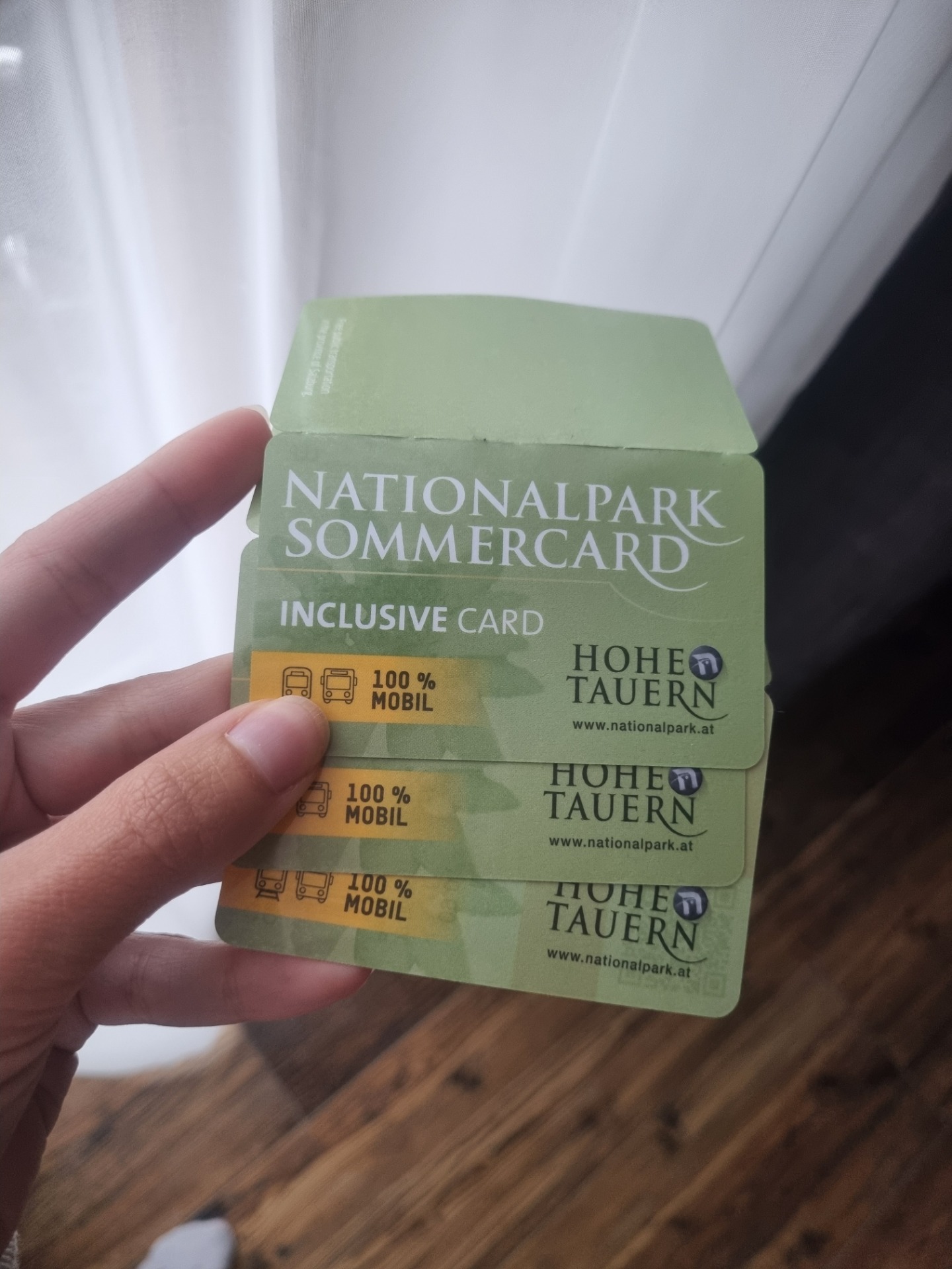 Ruka drží zelené vstupní karty Nationalpark Sommercard Inclusive Card s nápisem Hohe Tauern.
